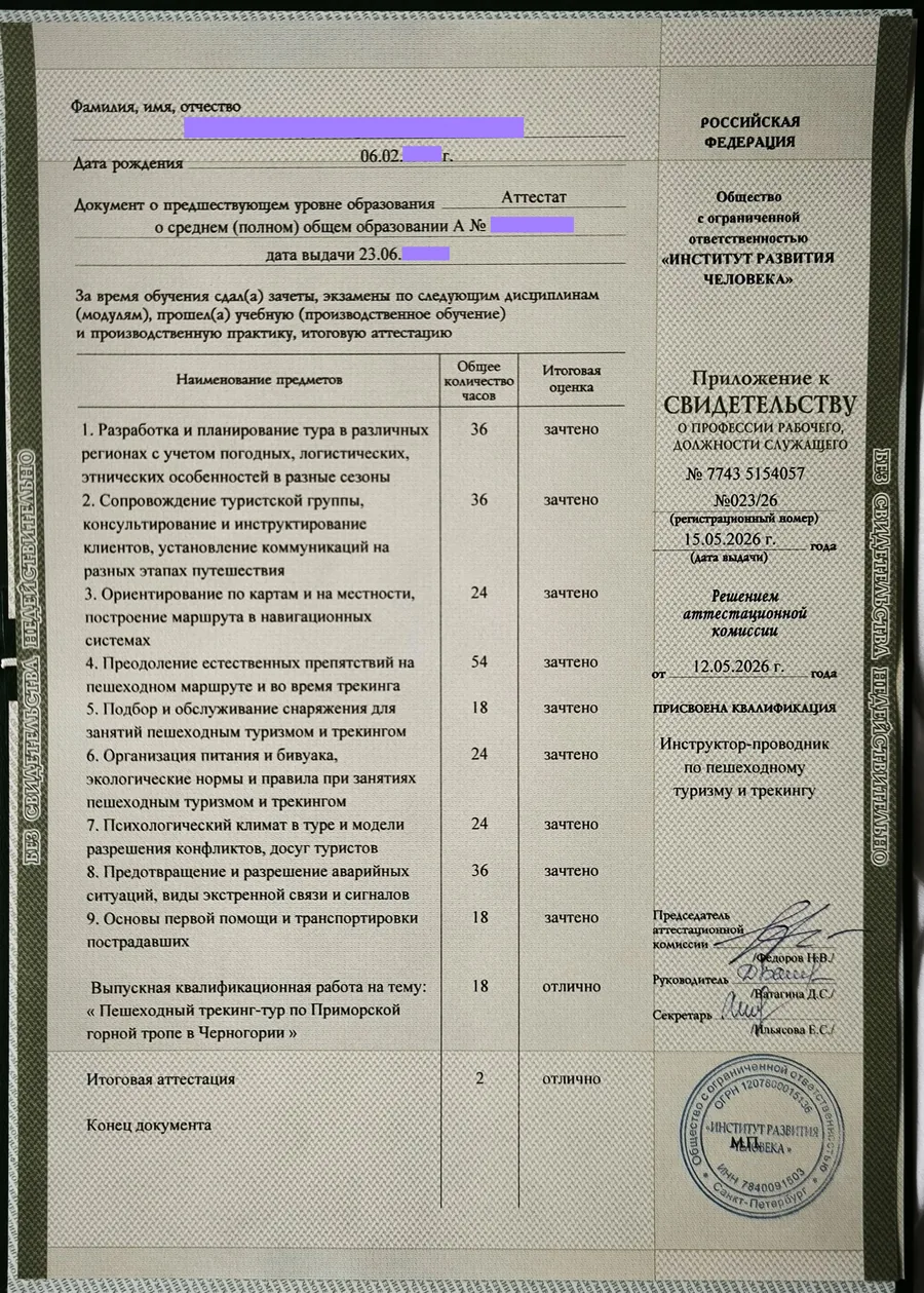 Приложение к свидетельству с перечнем дисциплин и количеством часов